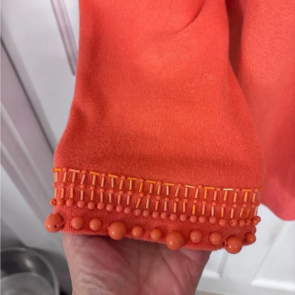 Talbots Orange Cotton V Neck Beaded with Beaded Sleeves.  Petite Medium - Picture 3 of 9